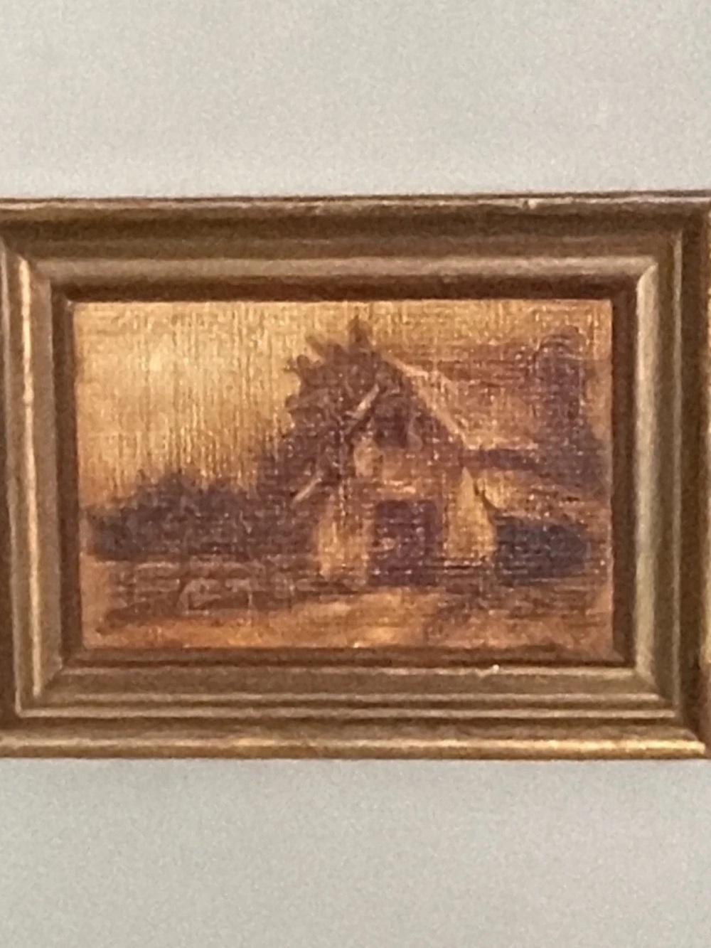 Vintage Miniature Framed Art Print Rustic Barn Cabin Landscape Gold Frame 3x4